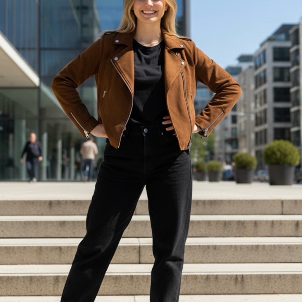 Pull & Bear Faux Vegan Leather Moto‎ Biker Jacket, Caramel Chocolate, Size M